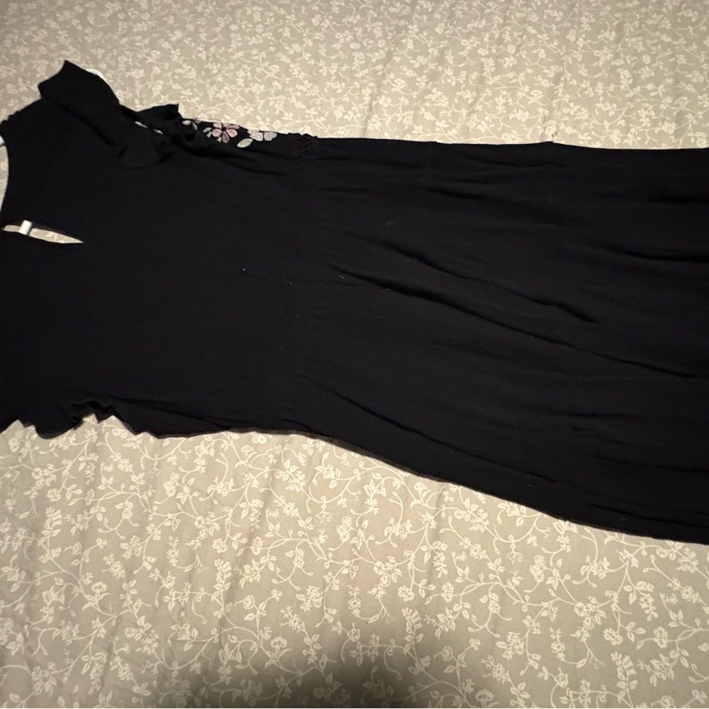 Black Midi Dress with Pink Floral Embroidery - Picture 2 of 3
